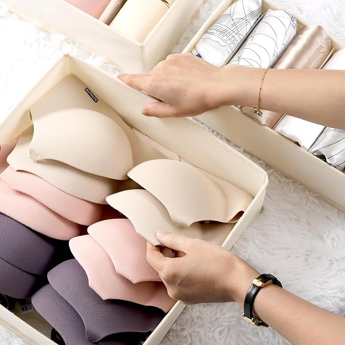 Criusia Underwear Sock Drawer Organizer Dividers 8 Set, Foldable Dresser Closet Organizers and Storage Bins for Baby Clothing, Sock, Underwear, Bra, Ties, Scarf (Beige)