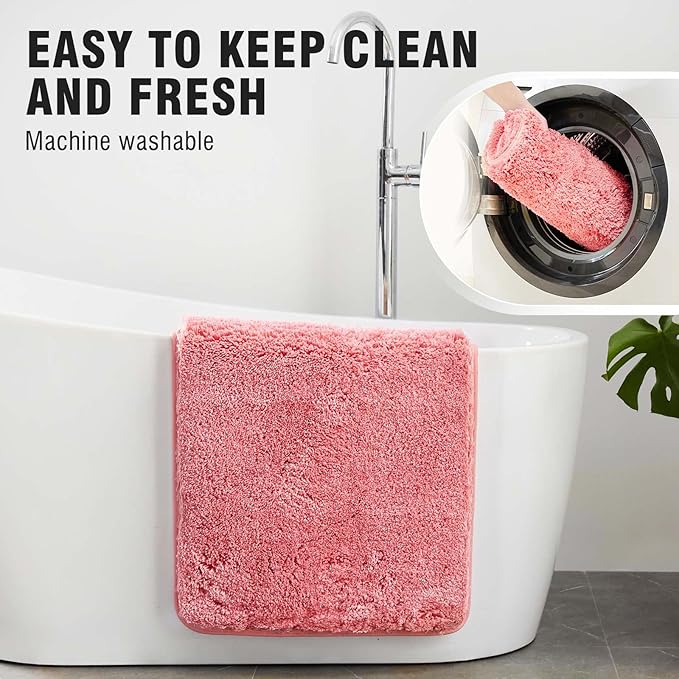 TECHMILLY Super Soft Shaggy Bathroom Runner Rugs, Absorbent Thick Non Slip Microfiber Bath Rugs, Quick Dry Machine Washable Bath Mat for Hallway Bathroom Floor, Bathtub and Shower 17"x47" Pink