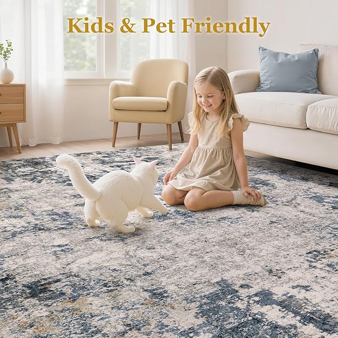 Area Rugs for Living Room: 10x14 Abstract Washable Rug Large Soft Stain Resistant Non-Slip Backing for Bedroom Dining Room Indoor Home Office Carpet for Kids Pet Friendly Families - Blue Brown