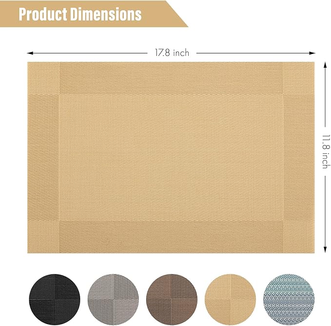 Winknowl Placemats, Set of 8 Heat Resistant Stain Resistant Woven Vinyl Insulation Place mats, Durable Washable Elegant Table Mats for Dining (Golden)
