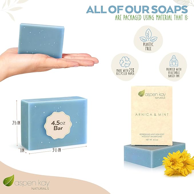Aspen Kay Naturals Handmade Arnica & Mint Soap. Vegan, Cold processed - Olive, Shea Butter, Coconut, Essential, And Palm oil. All Skin Types & Sensitive Skin, Made in the USA (3 Pack)
