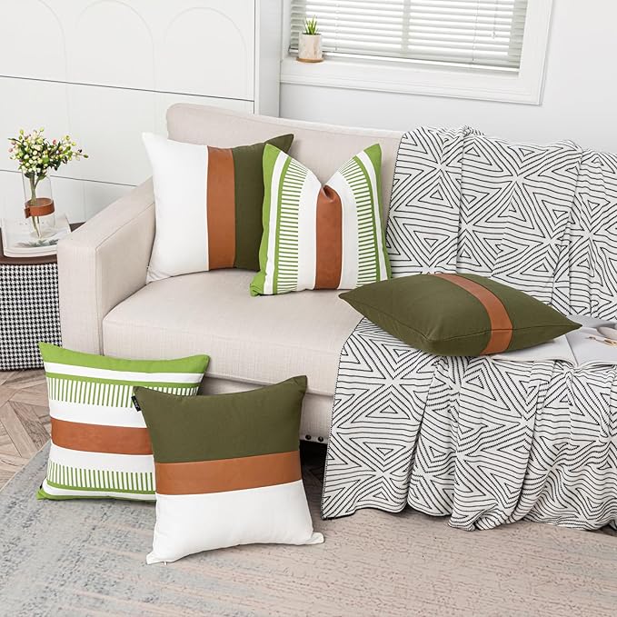 18x18 Throw Pillow Covers Set of 2 Farmhouse Rustic Pillow Case Decorative Boho Cushion Cover for Living Room Sofa Bed Couch Accent Faux Leather Pillow Cover,Grass Green