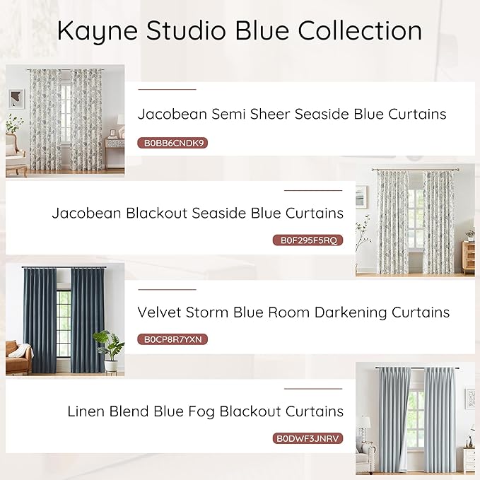 Kayne Studio Botanical Print Semi Sheer Curtains Blue Grey Floral Leaf Farmhouse Linen Curtain Drapes Light Filtering Window Treatments for Living Room Bedroom Rod Pocket Back Tab,52"x63",2 Panels