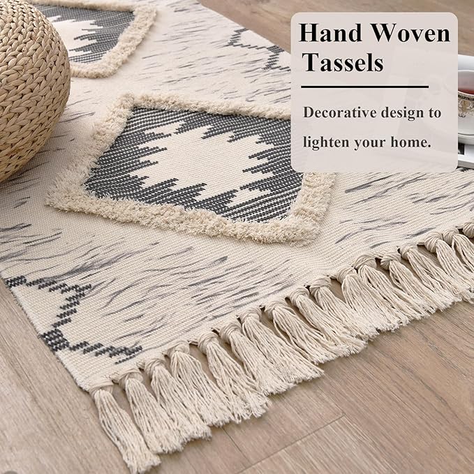 Boho Runner Rug 2'x5', Washable Hallway Rug Runner Non Slip Rubber Backed, Kitchen Farmhouse Area Rug Floor Mat with Tassels, Tufted Woven Cotton Entryway Carpet, Grey