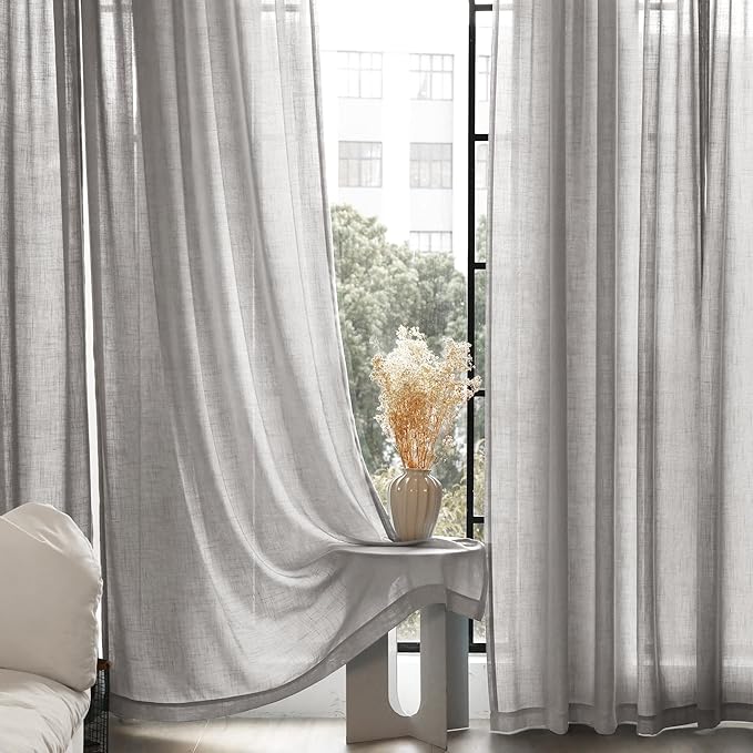Linen Blend Grey Curtains for Living Room Back Tab Modern Farmhouse Semi Sheer Light Gray Curtains 90 inches Long 2 Panels Set Muted Neutral Cotton Texture Window Curtain for Dining Room Bedroom