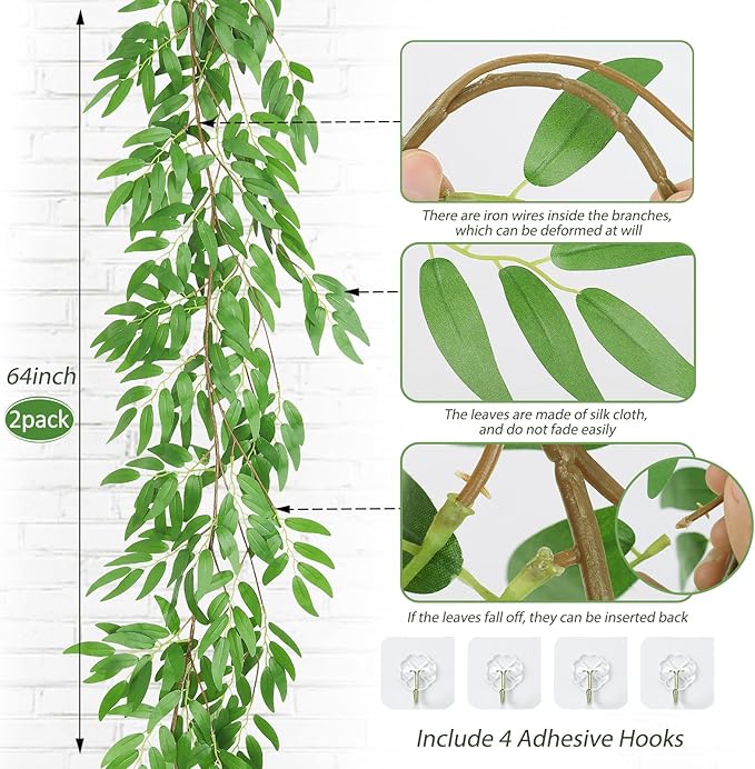 RECUTMS Artificial Willow Leaves Garland 2 Pcs Fake Hanging Vines Plants Artificial Silk Ivy Greenery 6.5 Ft Faux Evergreen Wreaths for Wedding Indoor Outdoor Garden Party Table Decor (Light Green)