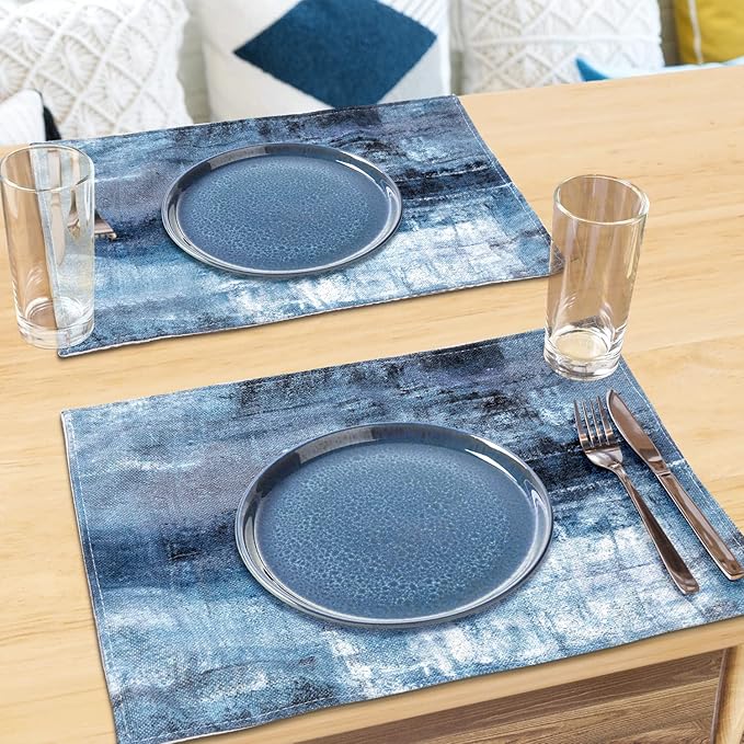 Blue and Grey Placemats Set of 4 Modern Abstract Art Placemats Heat Resistant Non-Slip Artwork Dining Placemats Washable Table Mats for Home Kitchen (Blue and Grey, 18"X12")