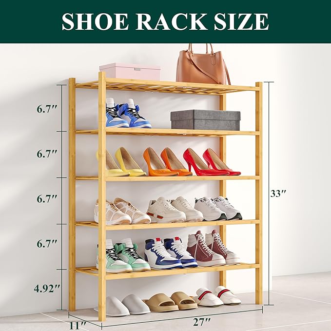 Smiry Shoe Rack, 5 Tier Bamboo Shoe Organizer, Stackable Free Standing Wooden Shoe Storage Shelf for Closet, Entryway, Front Door Entrance, Natural
