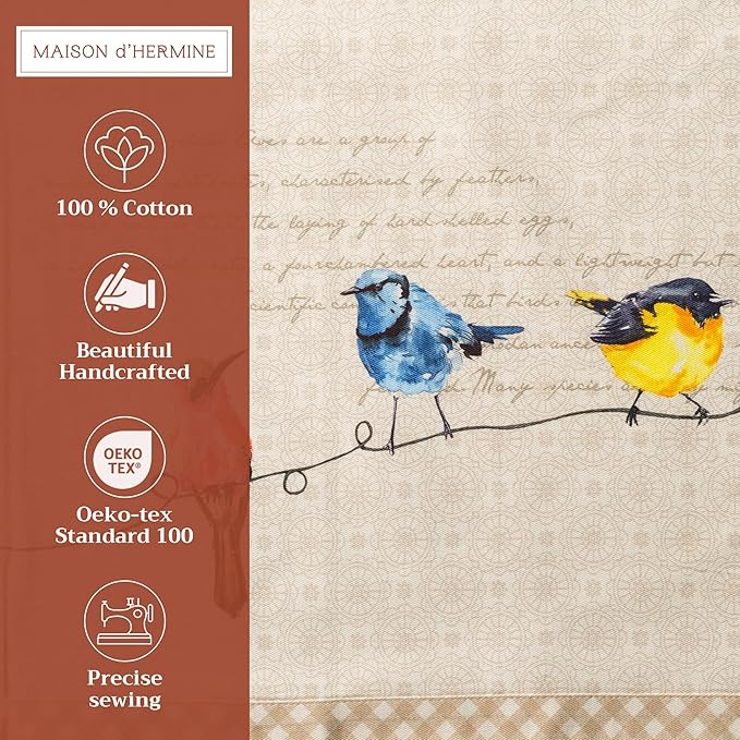 Maison d' Hermine Placemats Set of 4 100% Cotton Washable Cloth Place Mats, Reusable Table Mats for Kitchen Dining Decoration, Party, Wedding, Restaurant Spring/Summer (Birdies On Wire, 13" x 19")