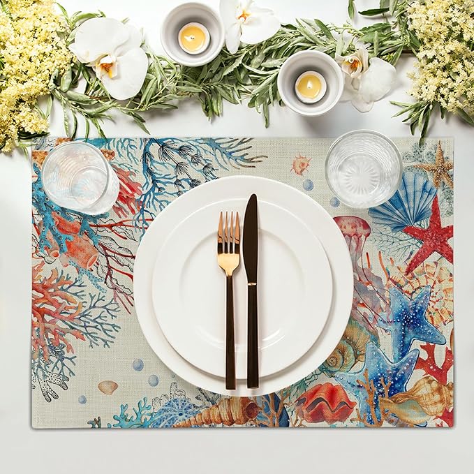 Giwawa 4PCs Summer Beach Placemats 12x18 Inch Ocean Coral Starfish Seashell Decorative Place Mat Vintage Nautical Collection Heat Resistant Table Mats for Kitchen Dining Party Seasonal