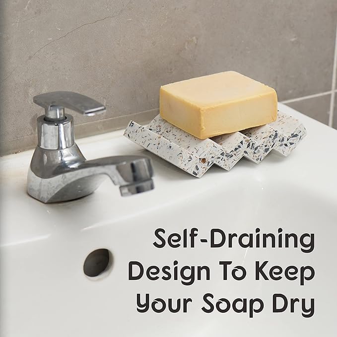 Zig Zag Jesmonite Terrazzo Stone Soap Dish for Bathroom Sink - Concrete Soap Saver for Bar Soap Holder for Shower - Sponge Holder - Self Draining Soap Dish Holder - Kitchen Soap Tray (White)