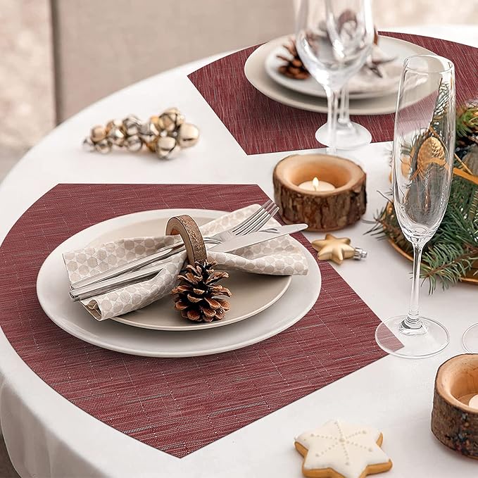SHACOS Large Size Wedge Placemats with Centerpiece Round Mat Set of 5 Round Table Place Mats Washable Dining Table Placemats Reversible Durable, Burgundy