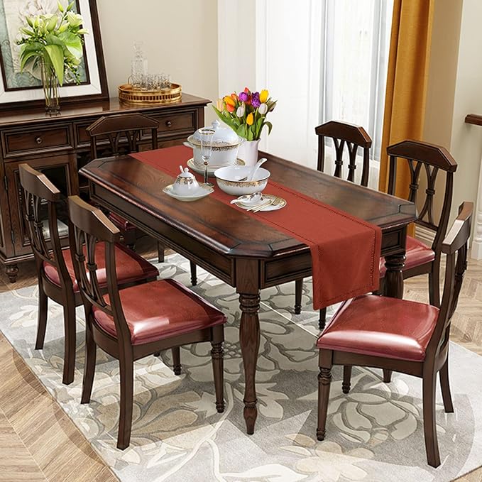Grelucgo Small Short Handcrafted Solid Cinnamon Color Dining Table Runner for Fall or Autumn, Double-Hemstitched (Cinnamon, 14 x 36)