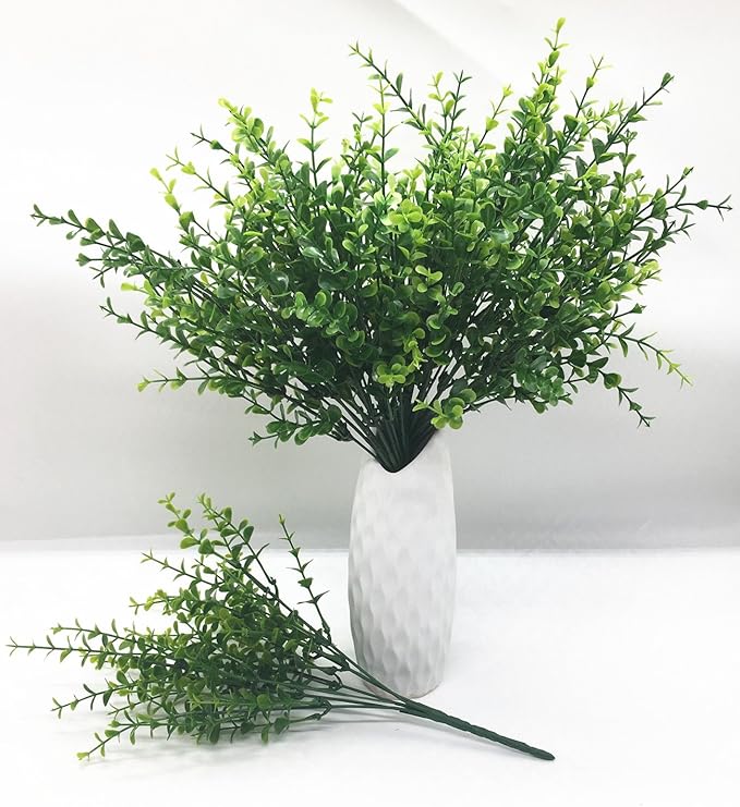 CATTREE Artificial Eucalyptus Plants, Plastic Christmas Decorations Fake Shrubs Bushes Green Leaves Wedding Indoor Outdoor Home Garden Verandah Kitchen Office Table Centerpieces Arrangements 8 pcs