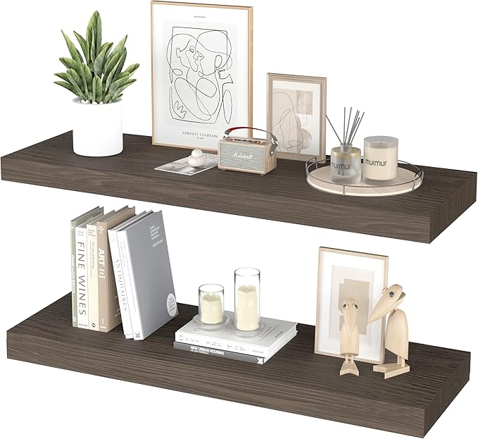 Floating Shelves for Wall - 36 x 9 Inch Wood Shelves for Bathroom, Bedroom, Kitchen Decor, Farmhouse Decor Set of 2, Rustic Brown