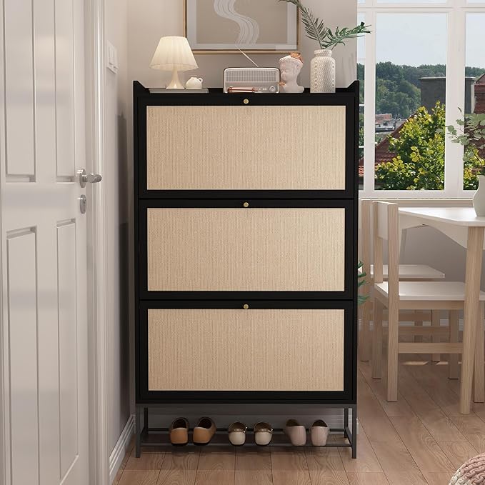 AVZEAR Shoe Cabinet, Shoe Cabinet Freestanding Tipping Bucket Shoe Rack Organizer with 3 Flip Drawers, Modern Entryway Narrow Shoe Rack for Entryway, Hallway, Bedroom (Black)