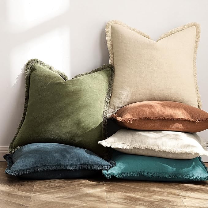 MIULEE Decorative Throw Pillow Covers Neutral Linen Fringe Throw Pillows Set of 2 Teal Boho Farmhouse Cushion Covers with Tassels for Couch Sofa Bed Living Room Spring Home Decor 18x18 Inch