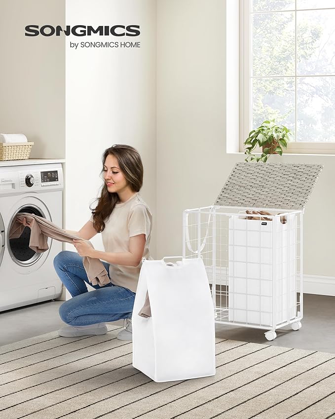 SONGMICS Laundry Hamper, 110L Laundry Basket with Lid, Clothes Hamper with Wheels, Collapsible Removable Liner Bag, Iron-Made Laundry Sorter, Cloud White ULCB211W01