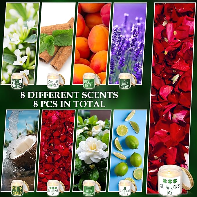 8 Pcs St. Patrick's Day Scented Candle Jars Scented Soy Candle Lucky Shamrock Lasting Candles Clover Candles Gifts Aromatherapy Candles for Women Home Birthday Gifts