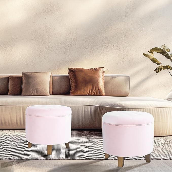 Homepop Home Decor | Upholstered Round Velvet Tufted Foot Rest Ottoman | Ottoman with Storage for Living Room & Bedroom | Decorative Home Furniture, Pink Blush Small