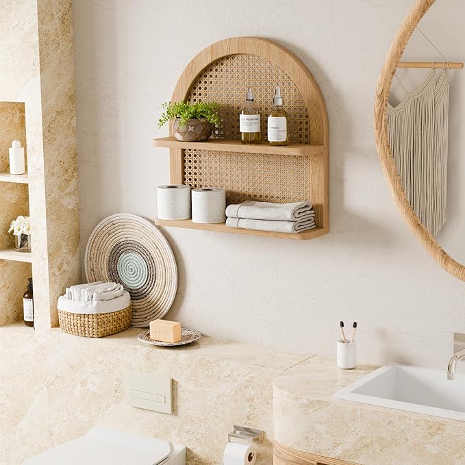Rattan Wall Shelf Boho Nursery Decor, 2-Tier Arched Woven Natural Wood Wicker, 16''L Neutral Handcrafted Rattan Nursery Shelf, Decorative for Living Room, Bedroom & Bathroom