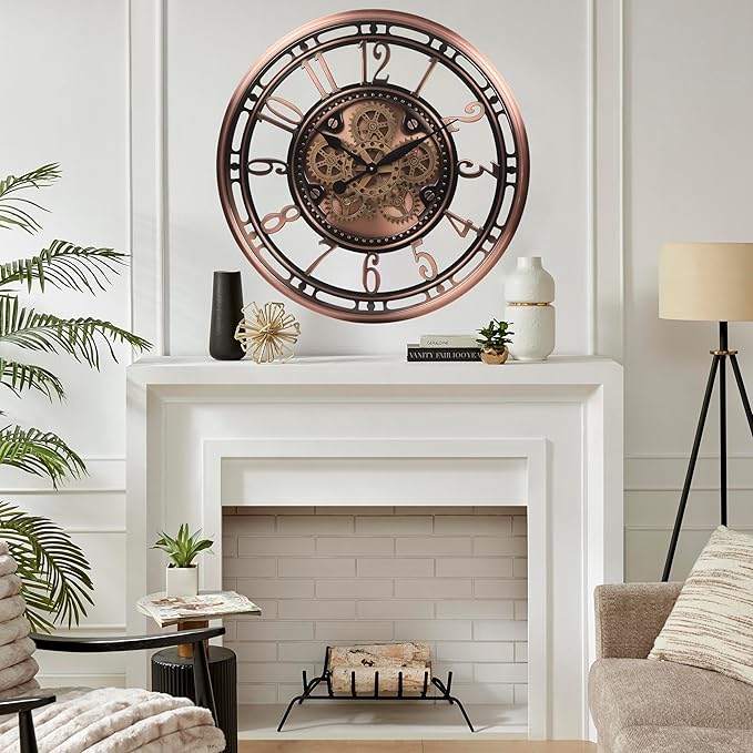 CLXEAST 28 Inch Oversized Large Moving Gear Wall Clock for Living Room Decor,Modern Farmhouse Decorative Wall Clocks Battery Operated,Rose Gold,House Warming Gifts New Home
