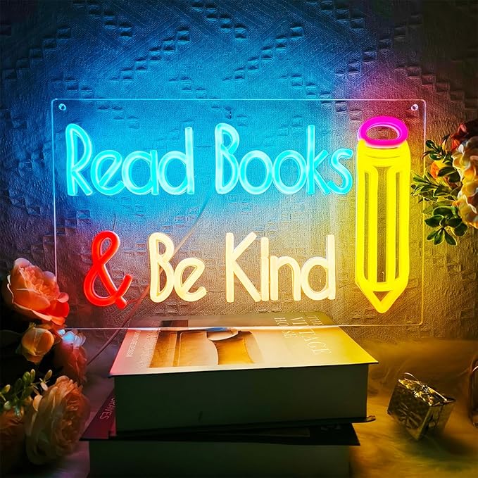 Read Books and Be Kind Neon Sign for Wall Decor, Dimmable LED Reading Sign Classroom, USB Books Neon Light for Reading Room Library Book Party Decoration, 15”x 9.2”