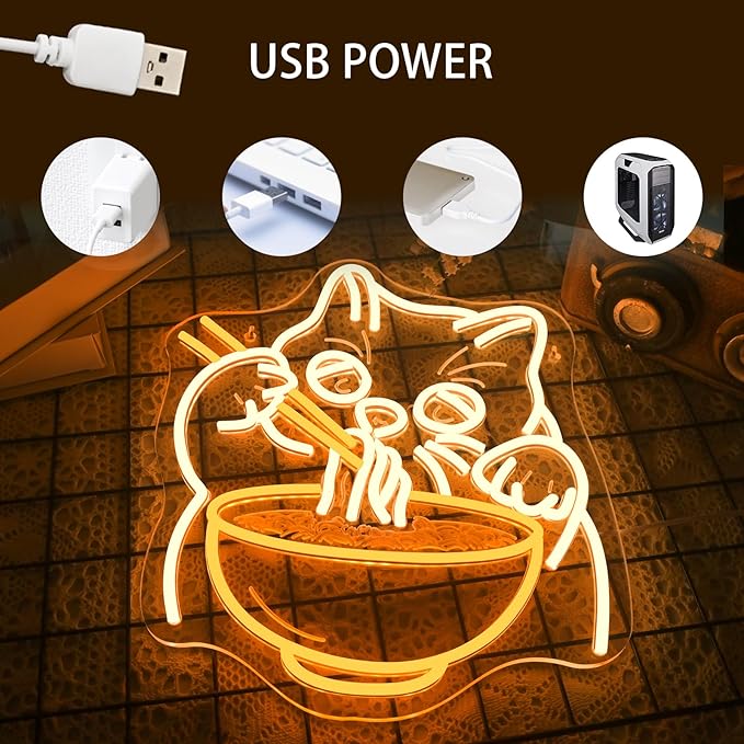 Ramen Cat Neon Sign Wall Decor, Cat Noodles Led Food Sign Dimmable Noodle Anime Fortune Cat Light Up Suitable For Baby Girls Room Japanese Resturant Home Bar Kitchen Dinning Bedroom Art Decor Gifts
