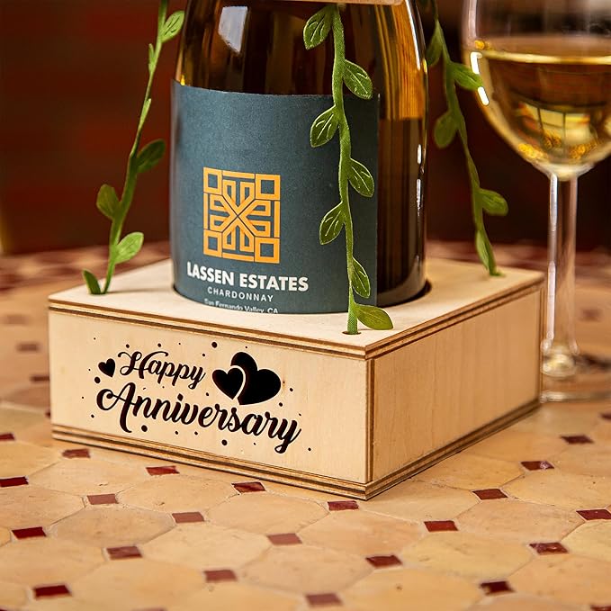 Personalized Wine Gift Box - Engraved & Blank Options for Birthdays, Anniversaries, Holidays, Housewarming - Leaf Design (Leaf, Happy Anniversary)