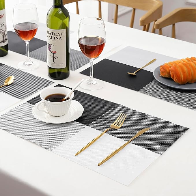 Leetaltree Gray with White Grid Pattern Placemats Set of 12 - Heat Resistant Non-Slip Place mats for Dining Table, Washable Durable PVC Vinyl Woven Table Mats(Grey Grid, 12)