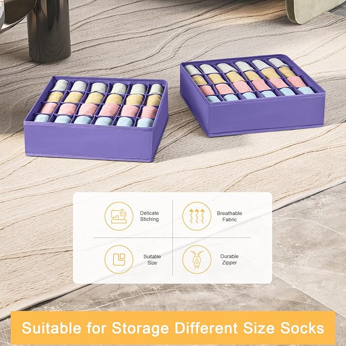 Joyoldelf Sock Drawer Organizer Divider 2 Packs Underwear Organizer, 24 Cell Closet Organizers and Storage Organizer Sock Holders Organizers for Storing Socks, Handkerchiefs, Ties, Belts (Purple)