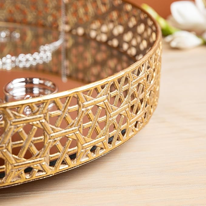 Glitzhome Set of 2 Oversized Round Gold Mirror Decorative Trays, Metal Vanity Jewelry Tray Perfume Dresser Tray, Elegant Hollow-Carved Jewelry Organizer Makeup Trays