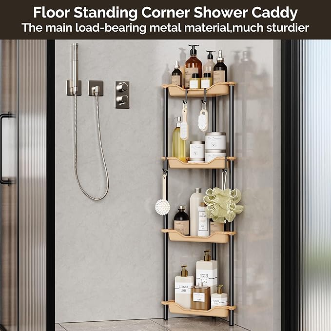 Orimade Rustproof 4 Tier Floor Standing Corner Shower Caddy Organizer, Plastic Metal Splicing Floor Corner Shelf Rack Storage Stands for Bathroom, Wood Grain Surface
