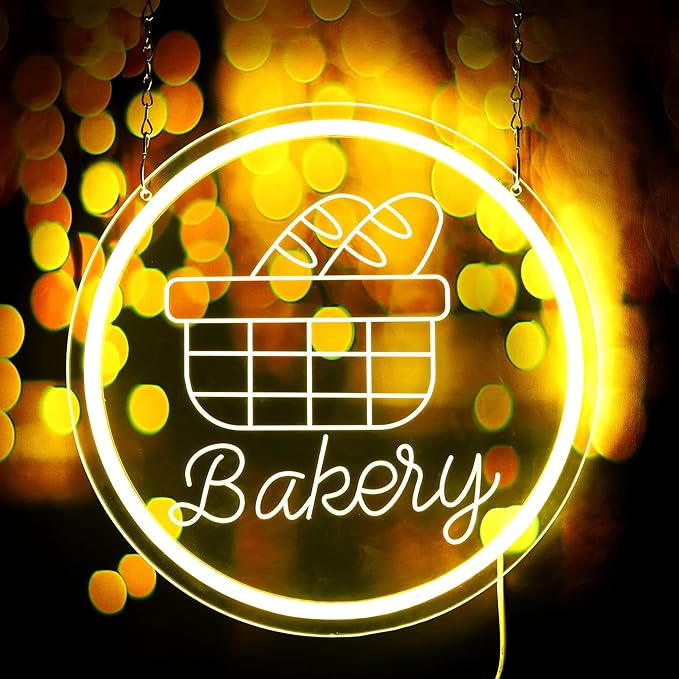 Bakery Neon Sign Bread and Baguette Bakery Neon Light Bakery LED Neon Sign for Bread shop Wall Décor Dimmable LED Neon Light for Bar Restaurant Music Concert Man Cave Game Room Wall Art 12.6"×12.6"