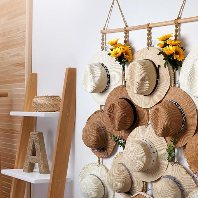 Macrame Hat Organizer Rack for Wall 15 Clips 31x53in Large Fedora Hat Hangers Display for Wide Brimmed Hat Holder Storage Boho Decor for Fedora Sun Straw Panama Closet Bedroom Brown