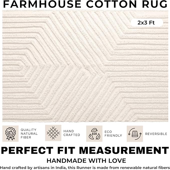 Boho Bathroom Rug 2' x 3', Washable Hand-Woven Tufted Cotton Rug with Tassels for Entryway, Foyer, Bedroom, or Kitchen - Pestal Linen