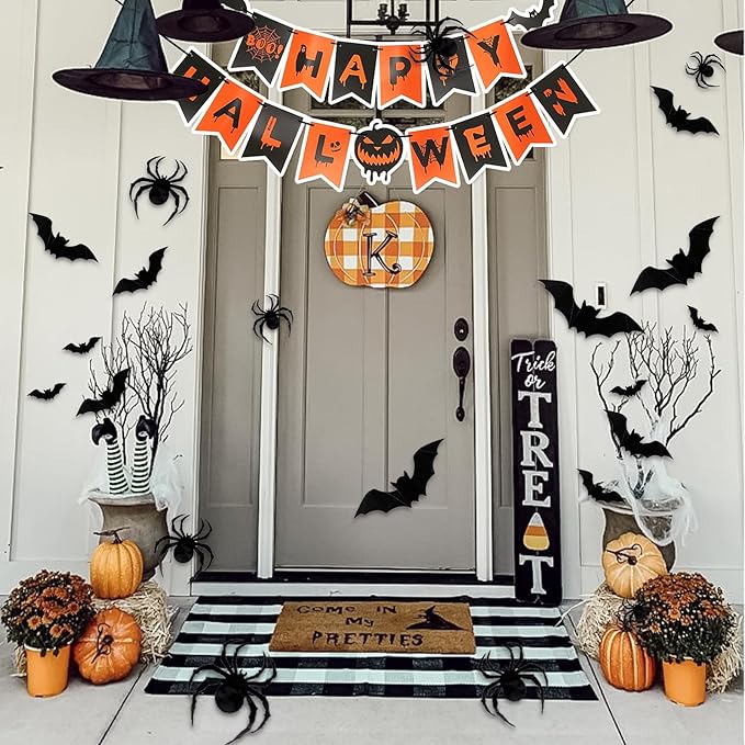 Indoor/Outdoor Halloween Decor Set - Mantel Scarf, Spider Table Runner, 3D Bats & Spiders, Happy Halloween Banner