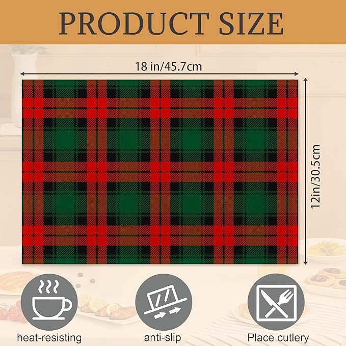 Christmas Plaid Placemats Set of 6,Washable Heat Resistant 12×18 Inch Linen Table Mats Green Red Place Mats for Party Outdoor Dining Décor