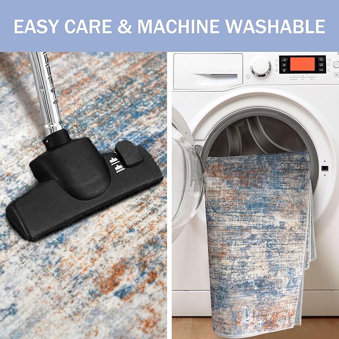 IOHOUZE Abstract Area Rugs 6x9 Ft Washable Rugs for Living Room, Non Slip Dining Room Rug, Printed Faux Wool Rugs for Bedroom, Floor Carpet for Office Nursery Playroom, Blue Rust