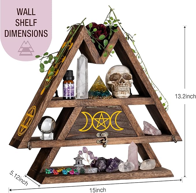 Pracaniz Crystal Shelf with Flap Drawer&Hooks for Wall&Desktop, Moon Shelf for Crystal Holder as Witchy Room Decor,Moon Phase Triangle Shelf,Boho Room Decor&Vintage Room Decor.