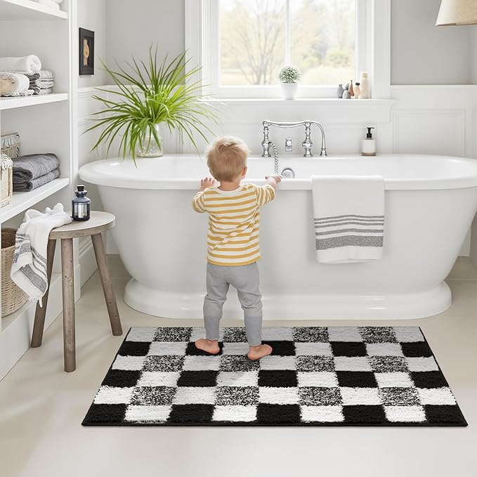GRANNY SAYS Checkered Black Bathroom Rugs, 36" x 24", Non-Slip Bath Mats for Bathroom, Plush Shag Absorbent Microfiber Ultra Soft Bath Mat, Cute Washable Rug for Tub, Shower, Bedroom