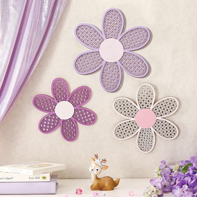 Maitys 3 Pieces Boho Daisy Wall Decor Natural Rattan Flower Wall Hanging Art Wooden Boho Art Nursery Flowers Farmhouse Hanging Decor for Home Office Nursery(Pink, Purple)