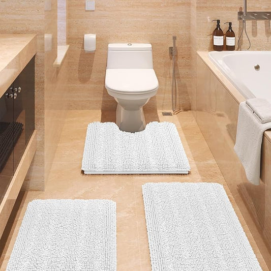 ACCUMTEK Striped White Bathroom Rug Set 3 Pieces Ultra Soft, Non Slip Chenille Toilet Mat, Absorbent Plush Shaggy Bath Mats for Bathroom, Bedroom, Kitchen, Ivory