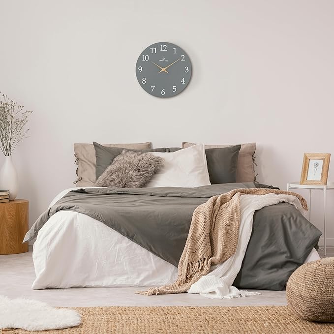 Lafocuse 12 Inch Silent Grey Wall Clock Battery Operated for Living Room Decor, Simple Minimalist Wooden Wall Clock for Kitchen Bedroom Office