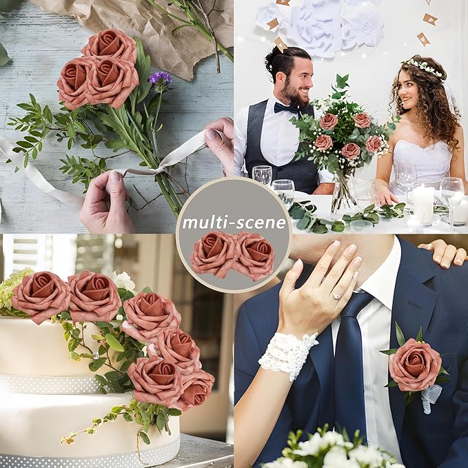 Artificial Flowers Warm Taupe Roses 50PCS Real Looking Foam Fake Roses with Leaves and for DIY Wedding Bouquets Bridal Shower Centerpieces Party Decorations (Warm Taupe)