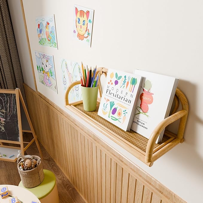 Rattan Wall Shelf - Natural Boho Wicker Shelf, Decorative Shelves for Nursery Decor,Picture Ledge Shelves, Wall Mail Organizer,Floating Rattan Bookshelf for Office, Bedroom,Bathroom,Kids Room