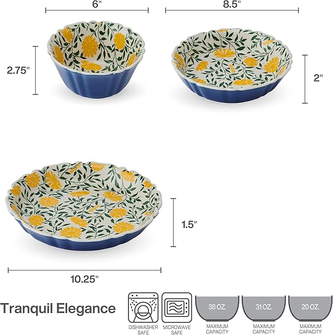Pfaltzgraff Tranquil Elegance Floral 12 Piece Bowl Dinnerware Set, Service for 4, Blue