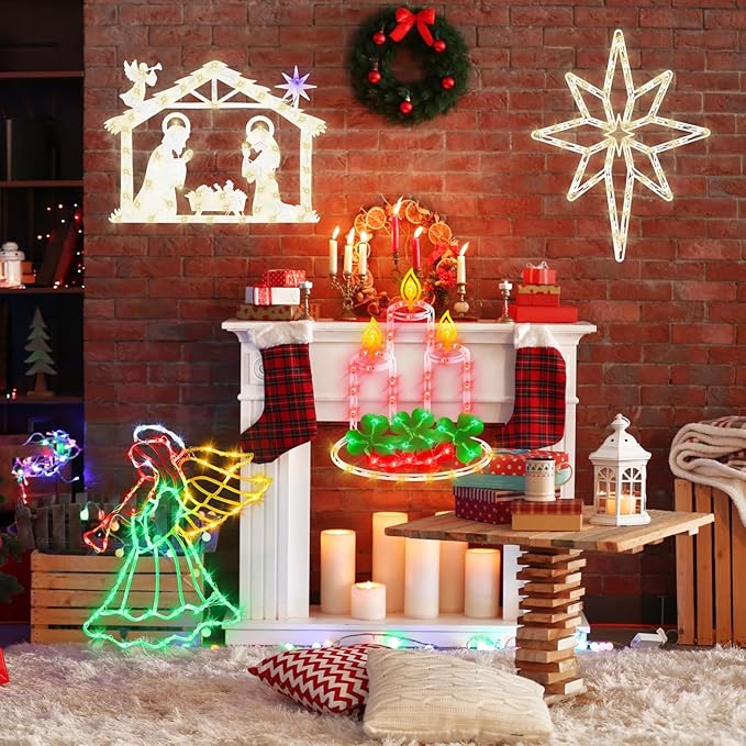 16" Christmas Window Silhouette Lights Decorations - 4 Pack Colour Lighted Angel & Nativity & Bethlehem Star & Candle for Holiday Indoor and Outdoor Wall Door Window Decorate