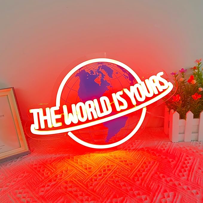 The World is Yours Neon Sign, Remote Dimmer Planet LED Neon Light Lamp for Wall Decor, USB Power for Man Cave Home Bar Bistro Club Cafe Wedding Game Room Bedroom Birthday Gift Graduation Party (Red)