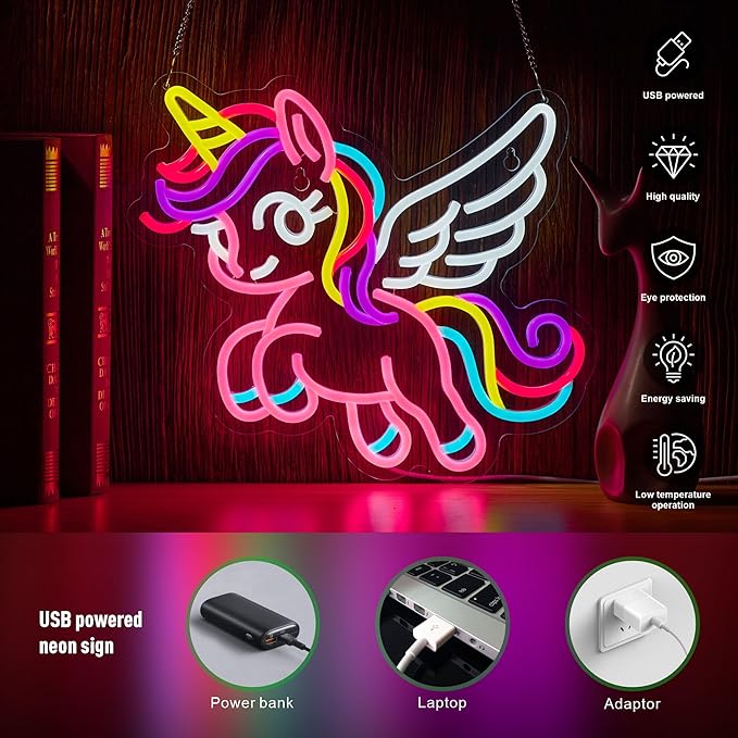 Unicorn Neon Sign for Wall Decor Pink Flying Unicorn LED Light USB Powered Dimmable with Hanging Chain Gifts for Girls Kids Decoration for Bedroom Party